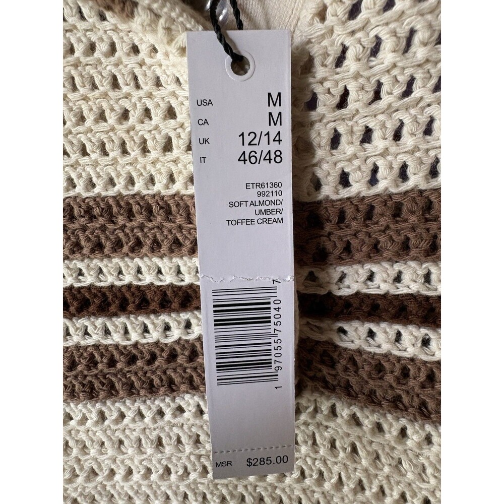 Elie Tahari women Beige Almond Striped Crochet Knit Polo Sweater sze Medium $285 - Picture 6 of 8